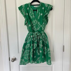 Joy Joy Short Sleeve Green and White Embroidered Dress with Pockets Size Small